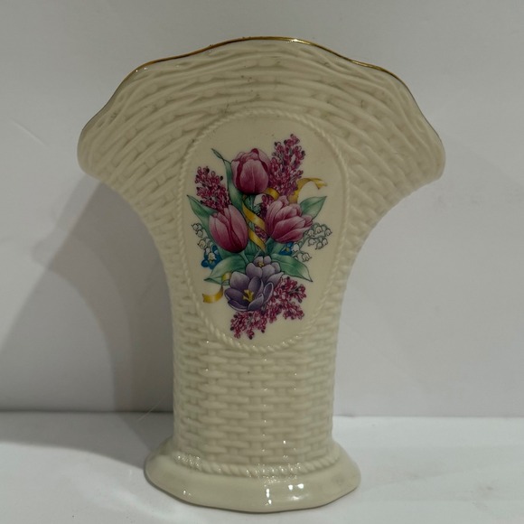 Lenox Other - Lenox Springtime Bouquet Ivory China Basketweave Floral Fan Vase Gold Trim USA
